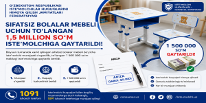 Sifatsiz bolalar mebeli uchun to‘langan 1,5 million so‘m iste’molchiga qaytarildi